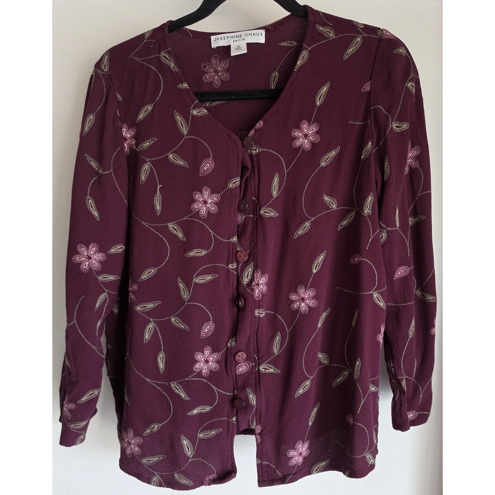 Josephine Chaus Embroidery Blouse M Burgundy Floral V-Neck Long Sleeve Top Shirt